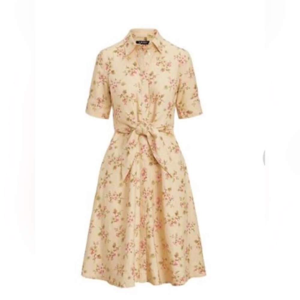 LAUREN RALPH LAUREN Floral Flare Shirt Dress Women Linen Front Knot 3/4 sleeve - Picture 2 of 8